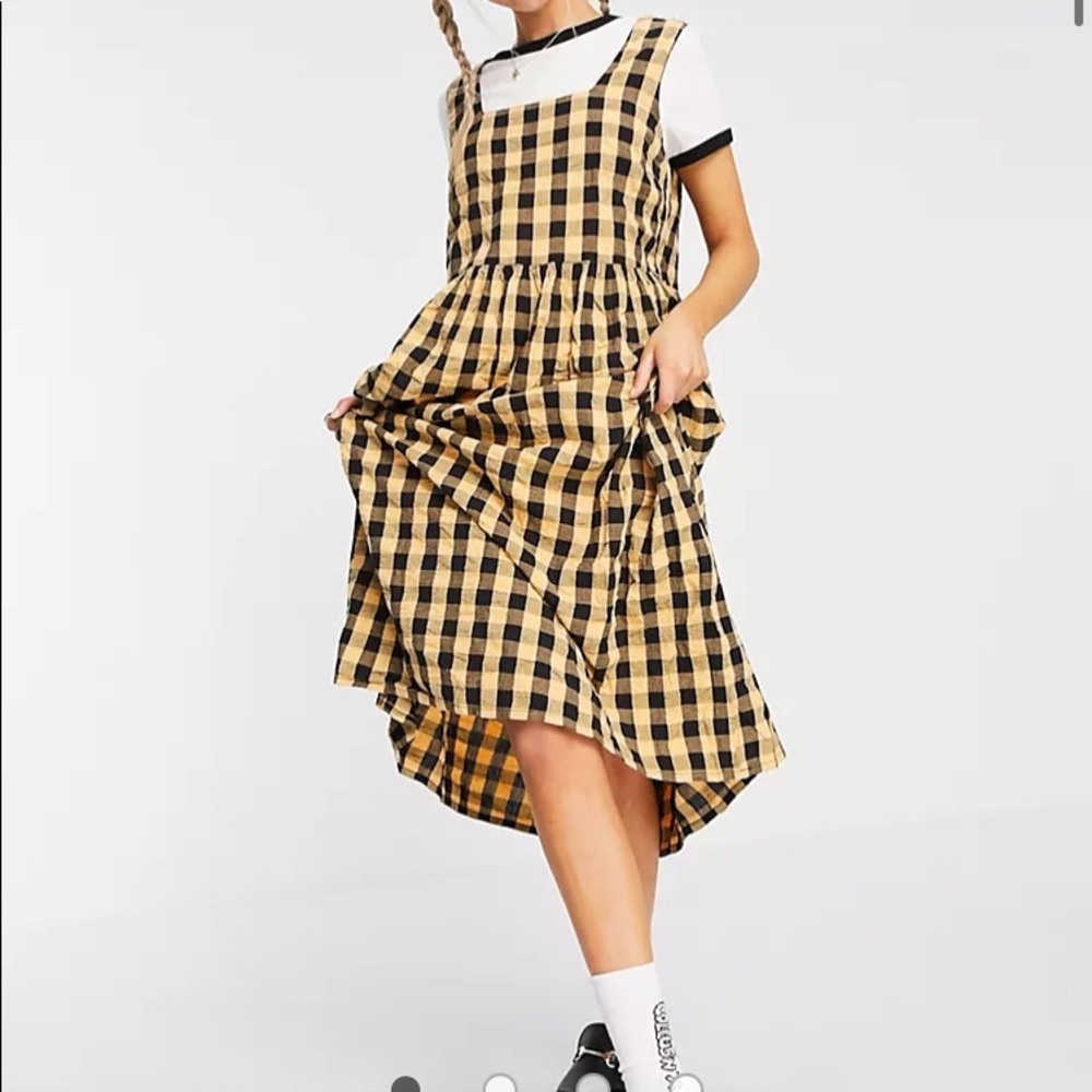 COLLUSION seersucker gingham midi length sundress in orange and black